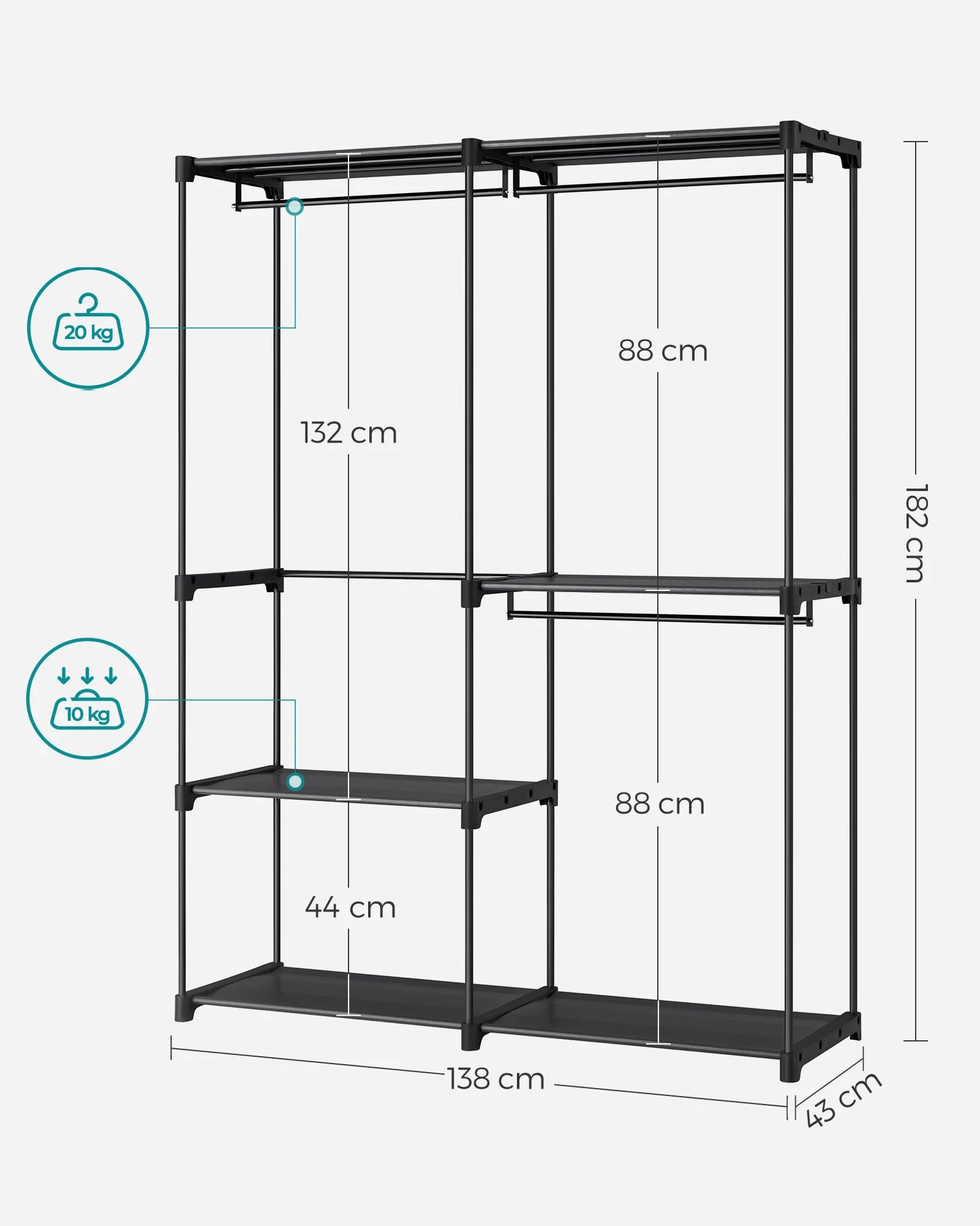 SONGMICS Clothes Wardrobe, Portable Closet, Clothes Garment Rack, 138 x 43 x 182 cm, 3 Hanging Rods and Shelves, Large Capacity