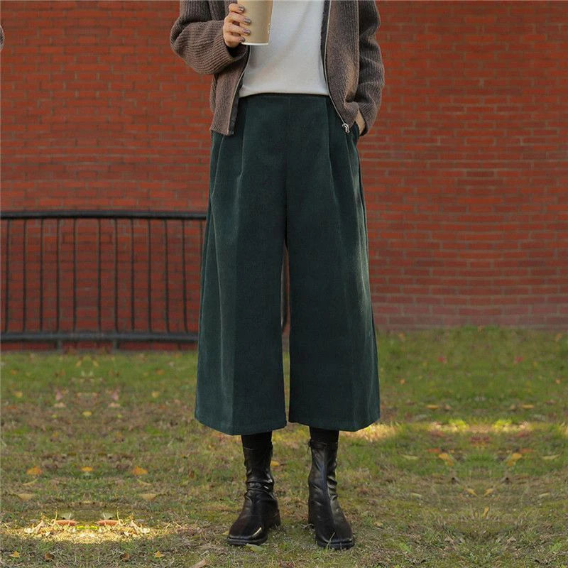 Women Retro Corduroy Calf Length Pants Loose Fall High Waist Vintage Wide Leg Trousers Casual Female Korean Pockets Elegant Pant