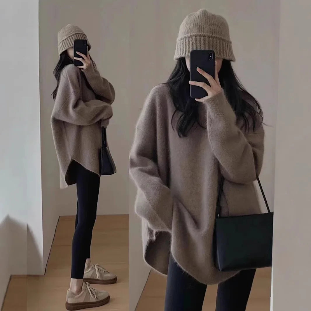 겨울 스웨터 Ladies' Lazy Sle Knitted Sweater Autumn Winter Faionable Base Layer Irt Inner Wear Mermaid Color Matching Top
