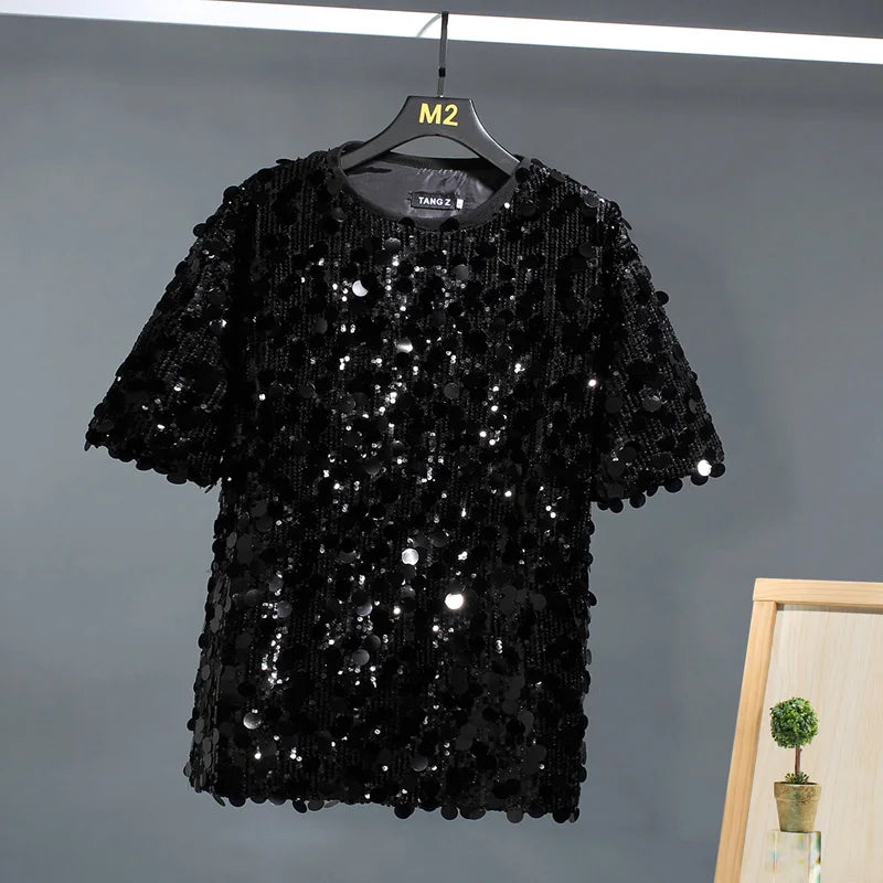 Sequin Short Sleeve T-shirts Men Streetwear Fashion Show Party Clothing Couple Unisex Tshirts Women Summer Tops Tees Shirts