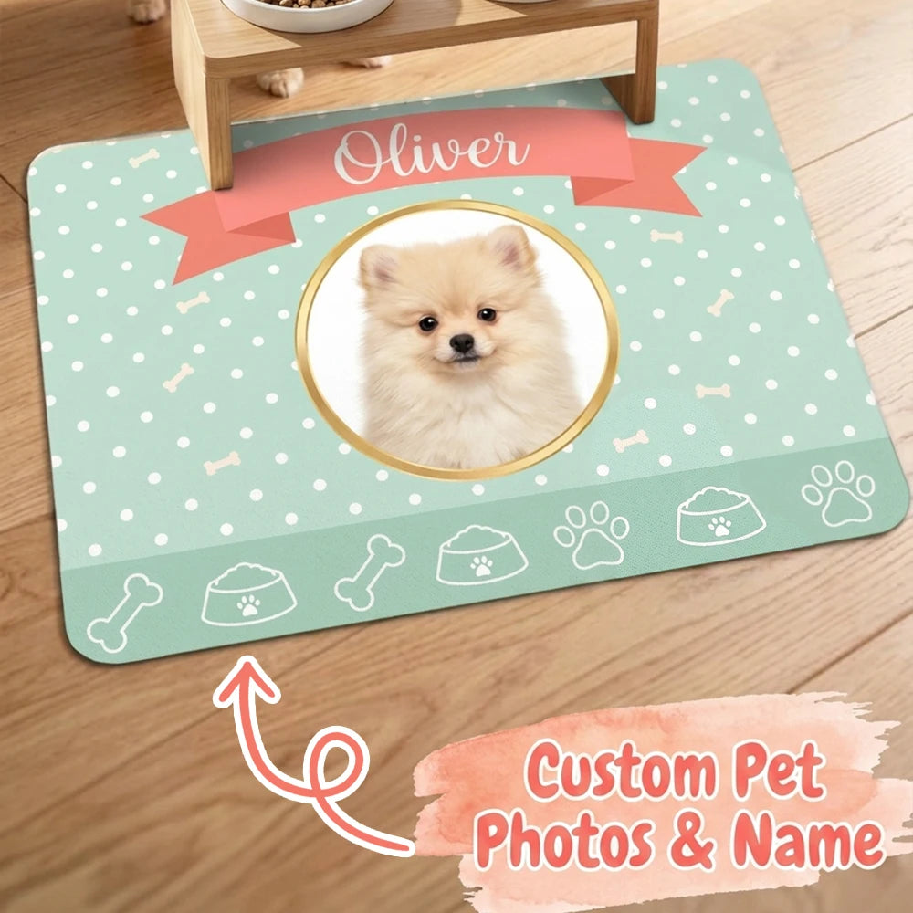 Custom Mint Polka Dot Pet Feeding Mat with Photo & Name,Non-slip Easy Clean,Puppy Training Mat,Home Decoration,Pet Memorial