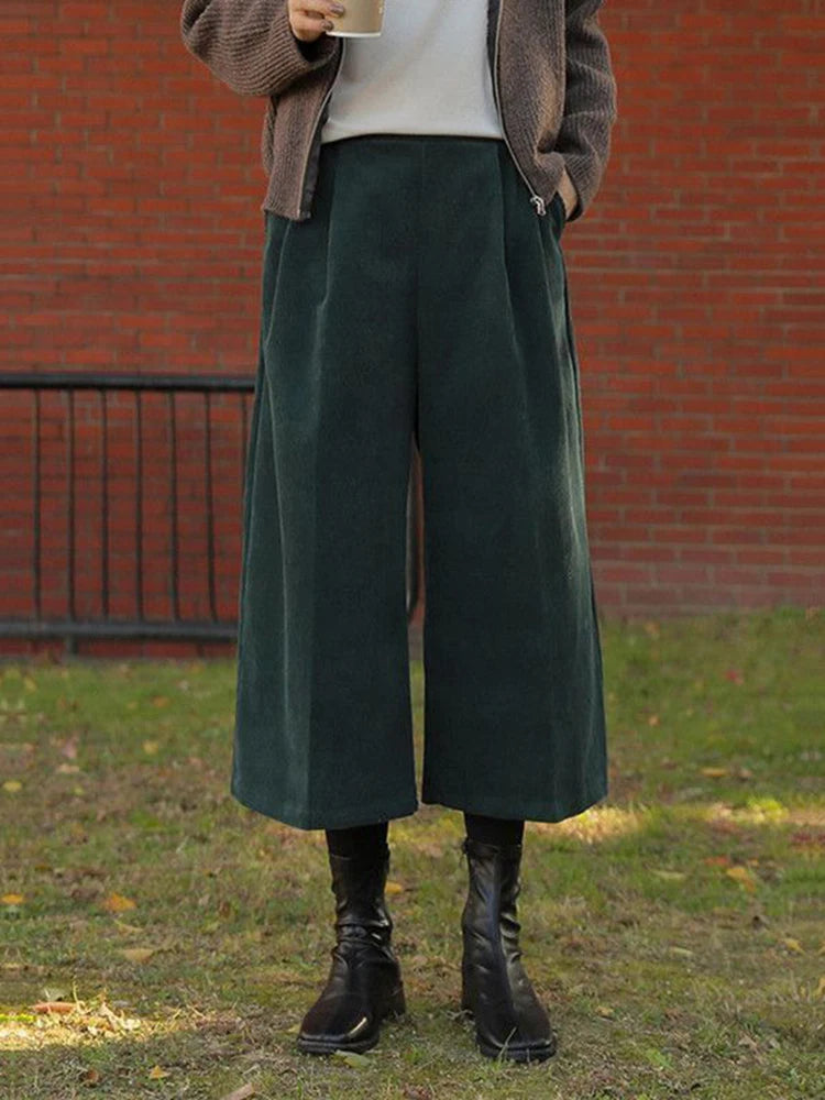 Women Retro Corduroy Calf Length Pants Loose Fall High Waist Vintage Wide Leg Trousers Casual Female Korean Pockets Elegant Pant