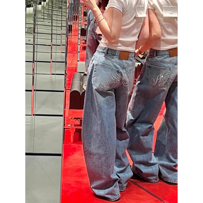Women Jeans Spliced Straight Pants Jean Denim Washed Full Length Pants Loose Pockets High Waist Zipper Fly Distressed Basics