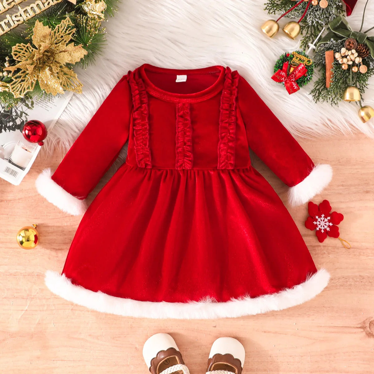 Baby Girl Christmas Costumes Plush Velvet Red Santa Claus Bodysuit Dresses For Newborns With Hat My First New Year Baby Clothes