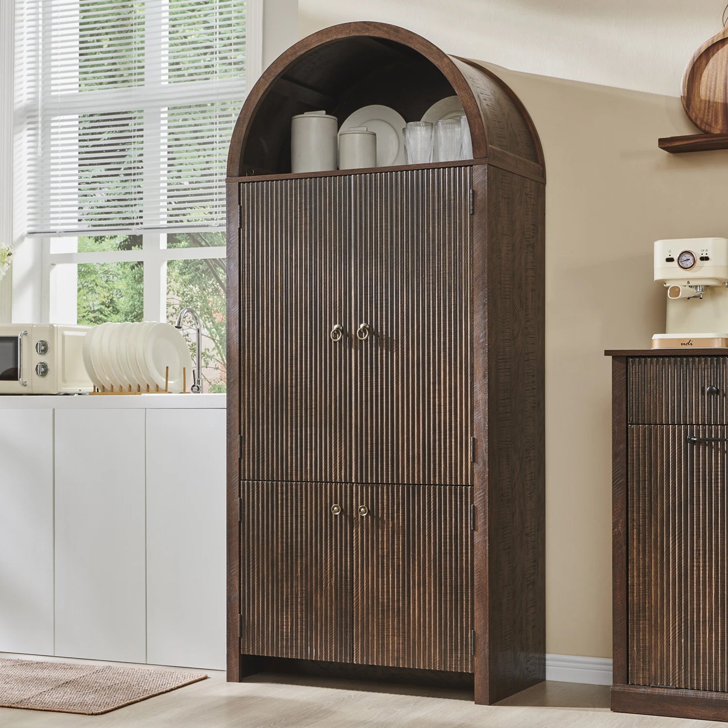 71"Tall Arched Kitchen Pantry, Fluted Wood Cabinet, Storage Organization Cabinet,Suitable for Kitchen,Living Room,Brown