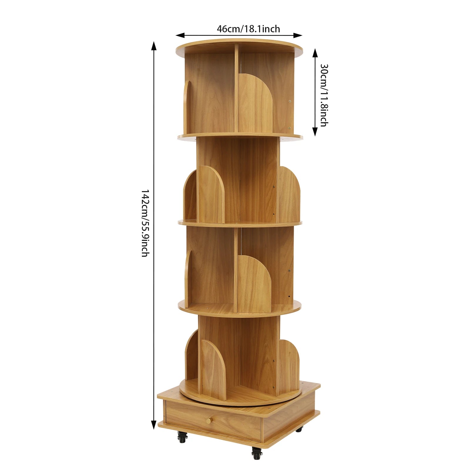 142cm Rotating Solid Wood Bookshelf with Drawer Multi-tier Bookshelf on Wheels 80-100 Books Capacity for Livingroom Balcony