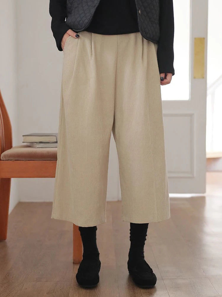 Women Retro Corduroy Calf Length Pants Loose Fall High Waist Vintage Wide Leg Trousers Casual Female Korean Pockets Elegant Pant