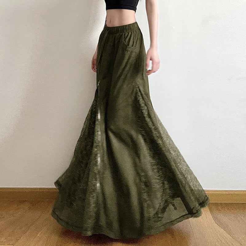 Women Vintage Suede Nap Lace Patchwork Hem Zip Long Skirt Cyber Y2K Chic Drawstring Pocket A-line Skirts Lady Grunge Streetwear