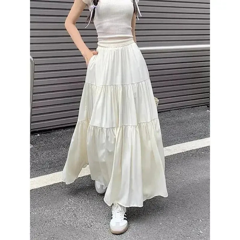 New Women Korean Tiered Maxi Skirt Elastic Waist Casual Solid Color A-line Faldas Mujer Holiday Streetwear Long Black Skirt