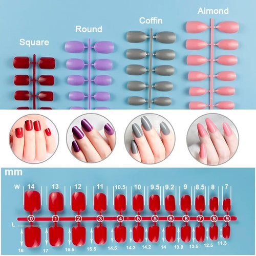 10 Sets/Pack Mixed Solid Colors Coffin Round Square Almond Shape False Nails Full Cover Nail Tips Short Fake Nails Tip Manicure