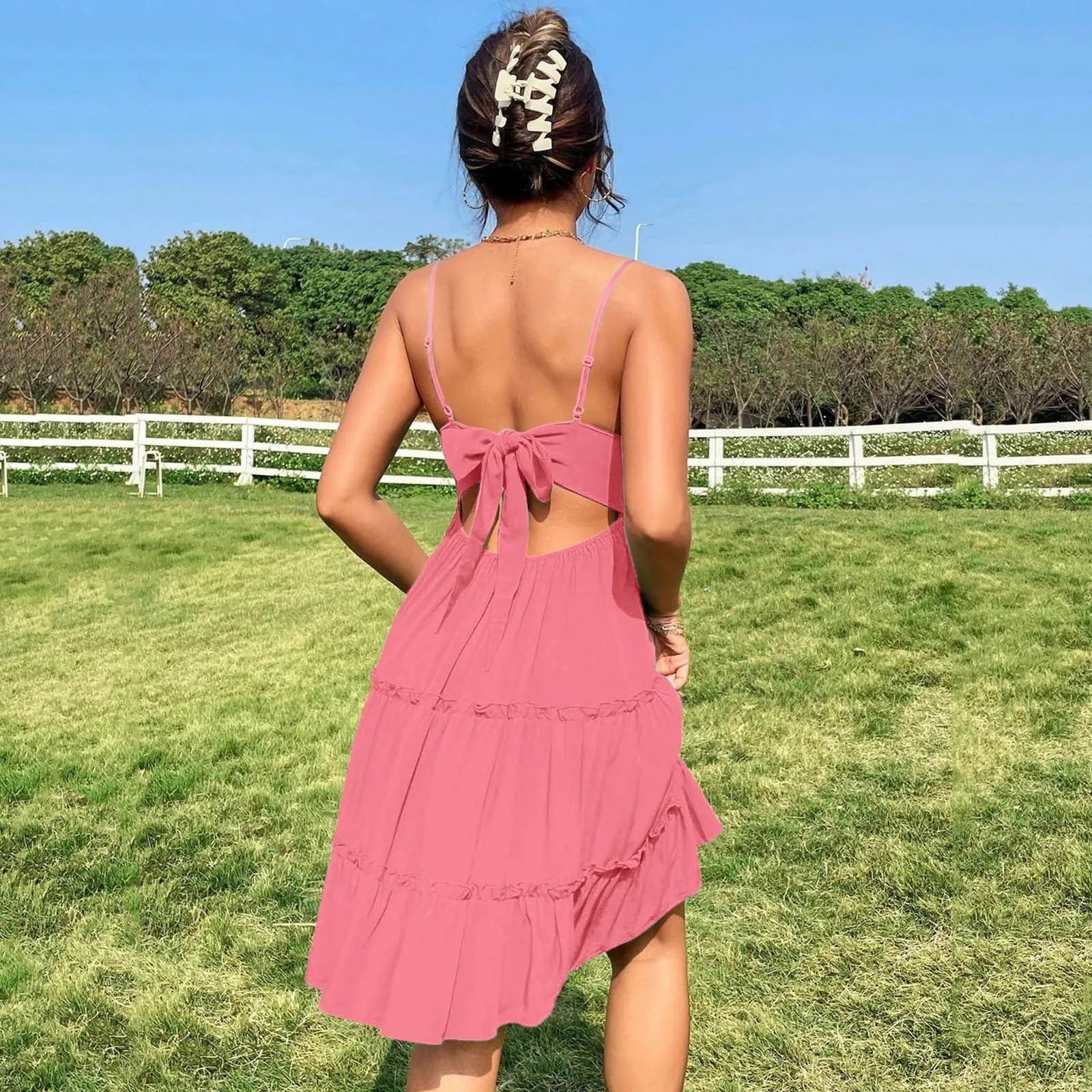 Women Summer Lace Short Dresses Casual V Neck Boho Ruffle Sleeveless A Line Beach Sun Dress Backless Sexy Dresses For Women