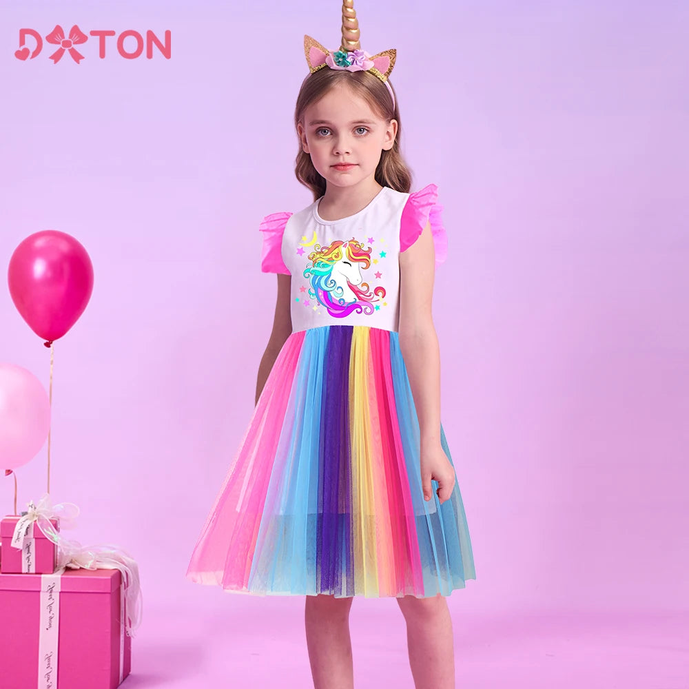 DXTON Sleeveless Summer Girls Dresses Ruffled Kids Princess Tutu Dress Patchwork Color Tulle Children Holiday Party Dress Clothe
