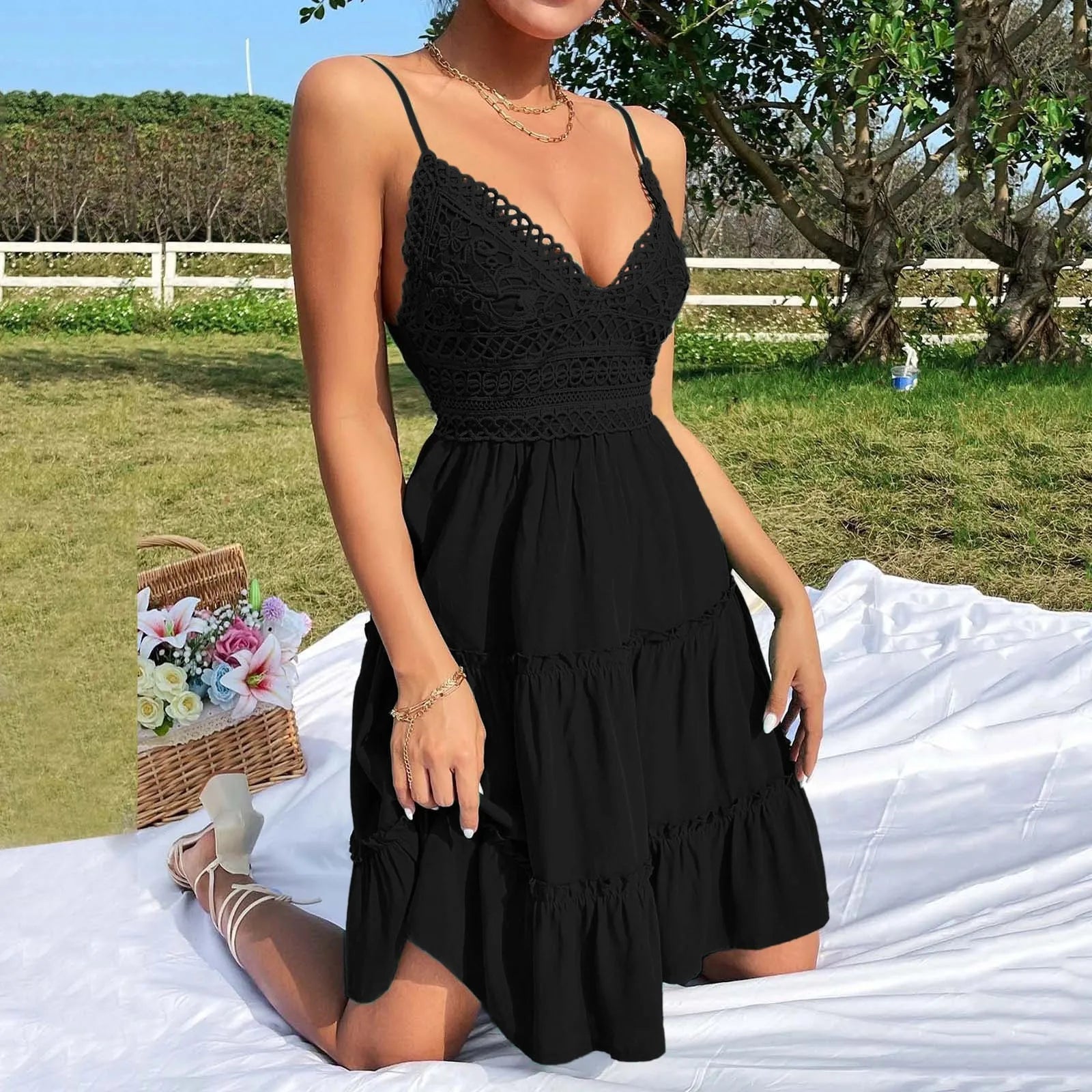 Women Summer Lace Short Dresses Casual V Neck Boho Ruffle Sleeveless A Line Beach Sun Dress Backless Sexy Dresses For Women