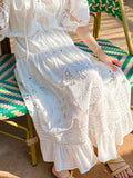 French Vacation Style Embroidered White Blouse & Lace Floral Midi Skirt Women Summer 100% Cotton Hollow-Out Two-Piece Dress Set