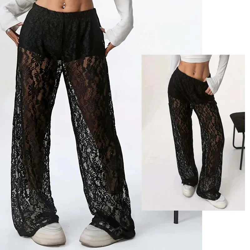 Black lace pants for spring and autumn fashionable personalized trendy slightly transparent straight leg pants