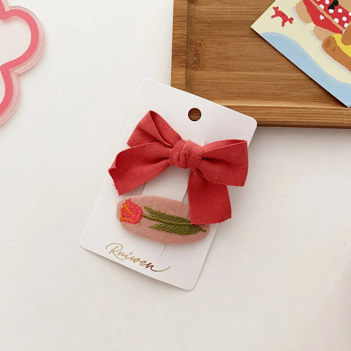 2PCS Sweet Little Girl Bowknot Hair Clips Solid Color Korean Mini Kids Embroidery Barrettes Princess Baby Clamp Hair Accessories