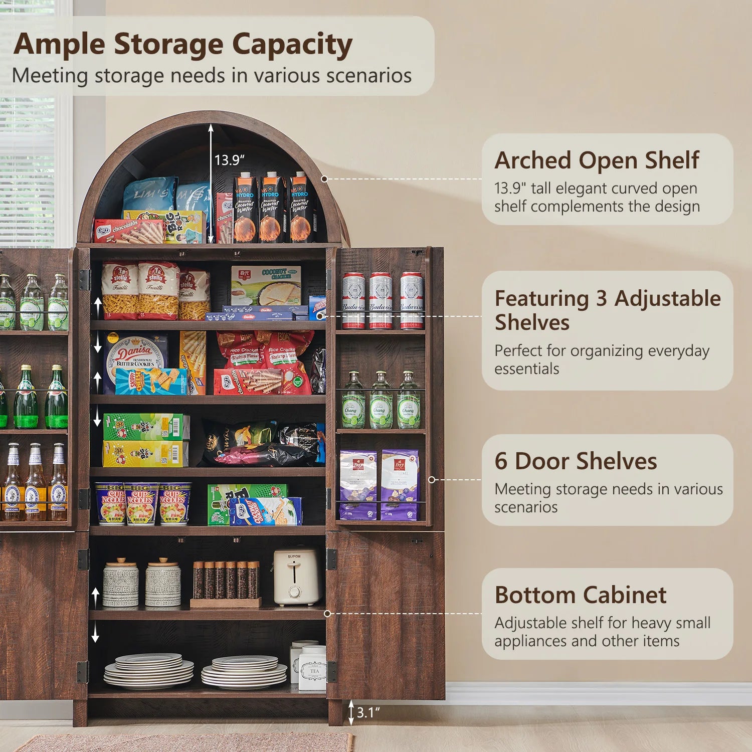 71"Tall Arched Kitchen Pantry, Fluted Wood Cabinet, Storage Organization Cabinet,Suitable for Kitchen,Living Room,Brown