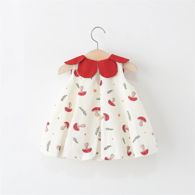 2Pcs/set Summer Sleeveless Children Clothes Lovely Red Mushroom Girl Kid Dresses Baby Newborn Petal Collar Kid Toddler Costume