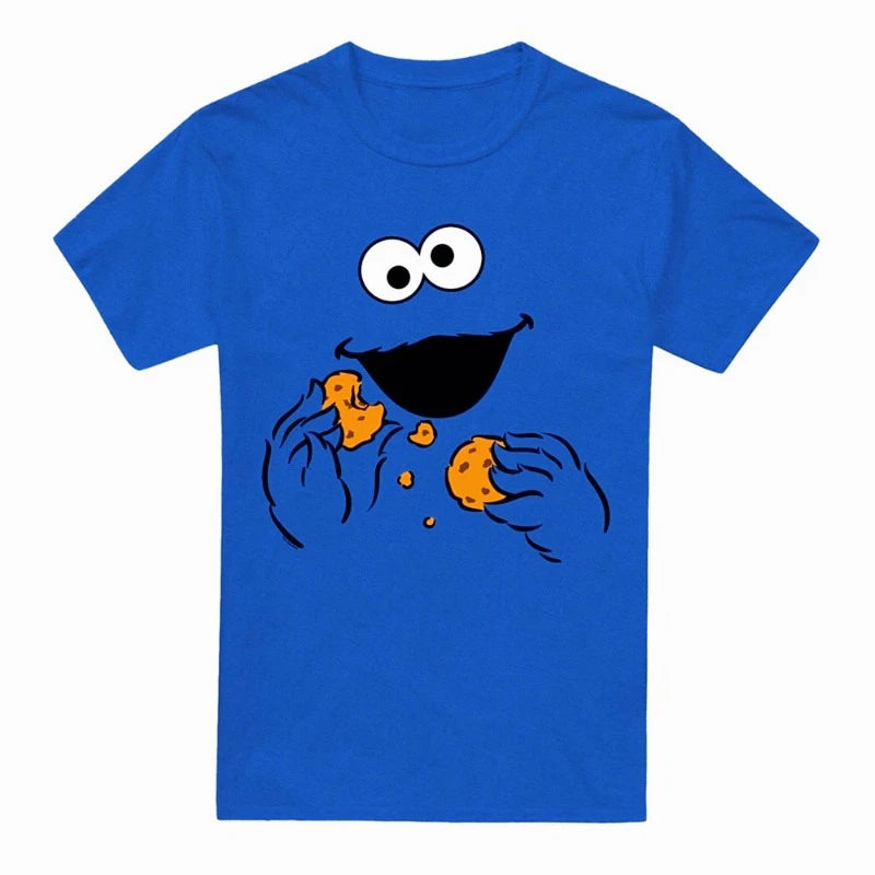 Men's T-shirt, Sesame Street,Sesame Street Cookie Monster Om Nom Face T-Shirt S-4XL, Royal Cotton Spring Summer