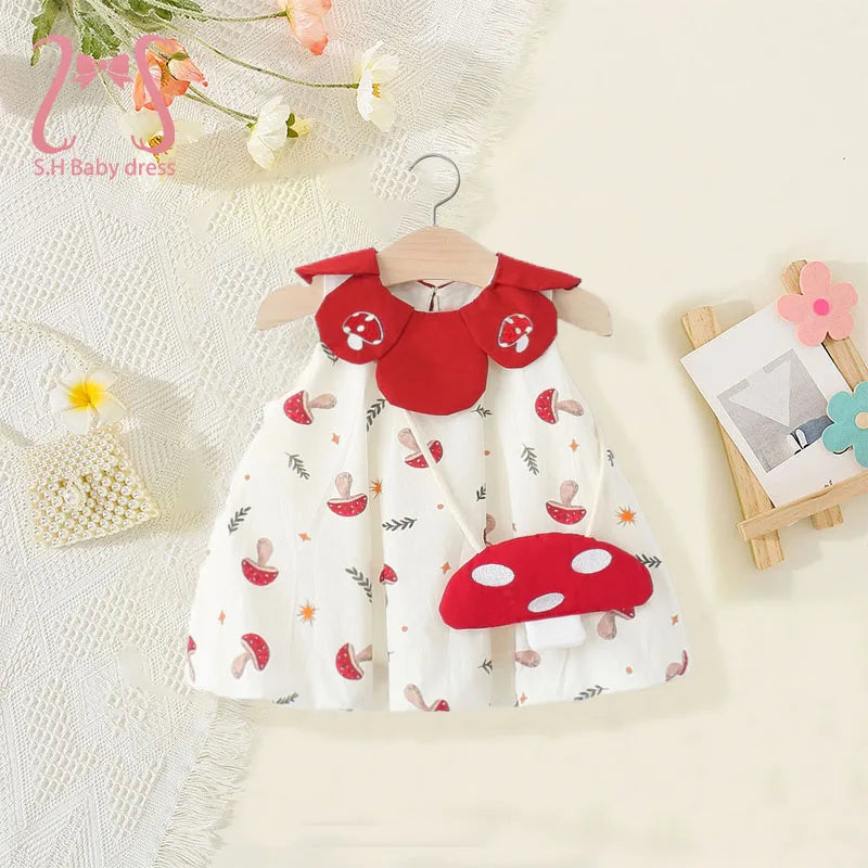 2Pcs/set Summer Sleeveless Children Clothes Lovely Red Mushroom Girl Kid Dresses Baby Newborn Petal Collar Kid Toddler Costume