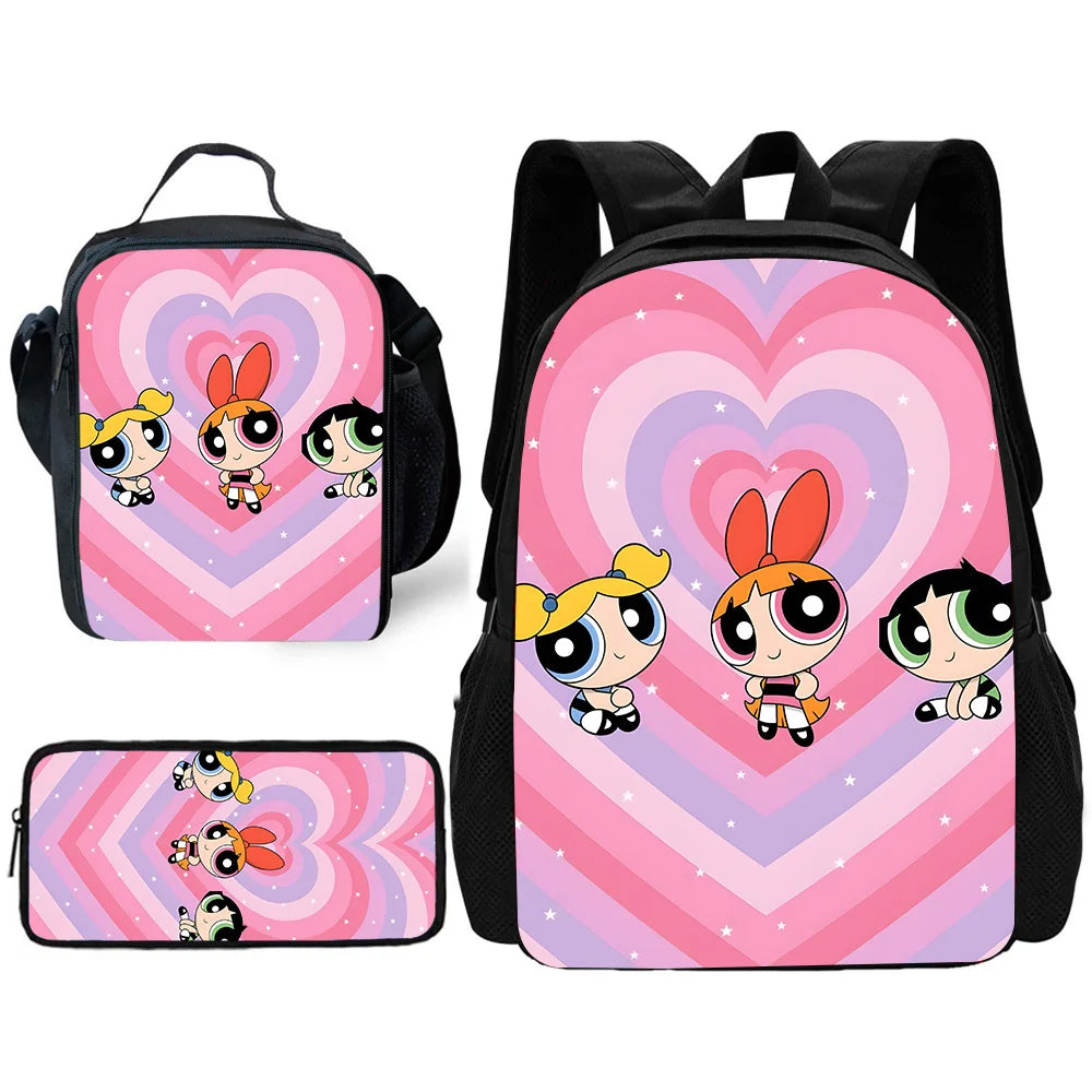 Child Cute Anime Powerpuffs Girlss School Backpack with Lunch Bags ,Pencil Bags ,School Bags for Boys Girls Best Gift