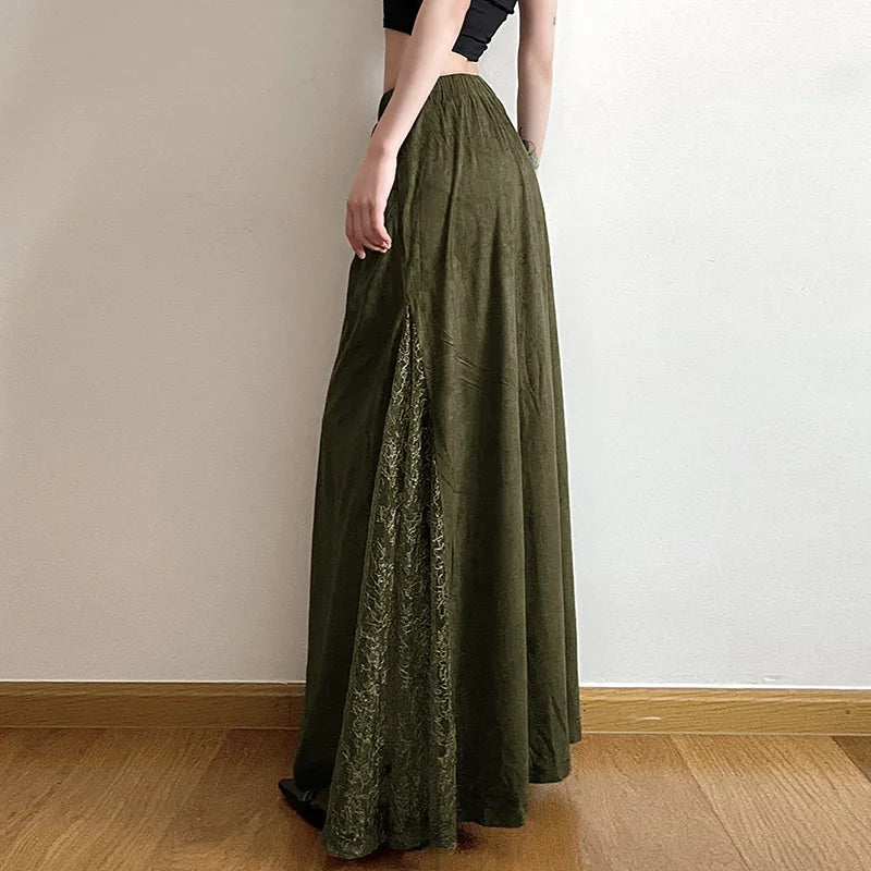 Women Vintage Suede Nap Lace Patchwork Hem Zip Long Skirt Cyber Y2K Chic Drawstring Pocket A-line Skirts Lady Grunge Streetwear
