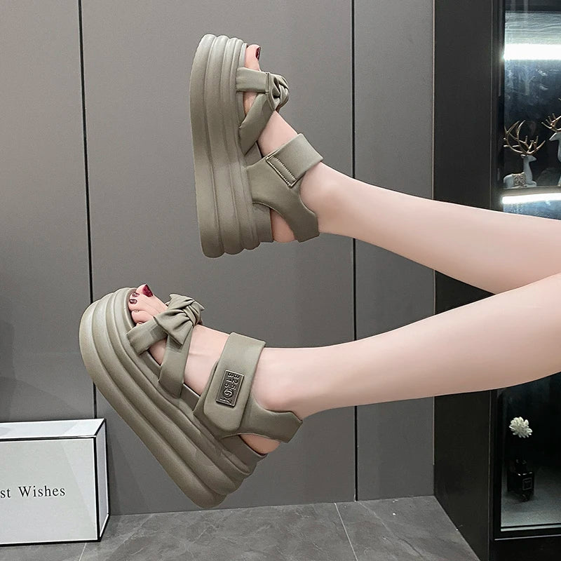 High Platform Sandals Women 2025 Summer Breathable 8CM High Heels Ladies Leather Sneakers Wedges Chunky Slippers Sandalias Mujer