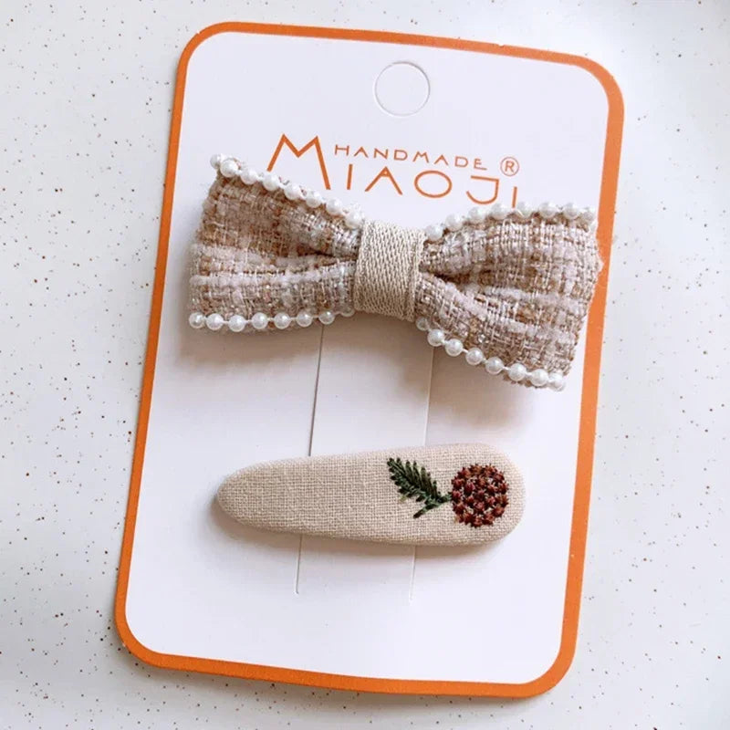 2PCS Sweet Little Girl Bowknot Hair Clips Solid Color Korean Mini Kids Embroidery Barrettes Princess Baby Clamp Hair Accessories
