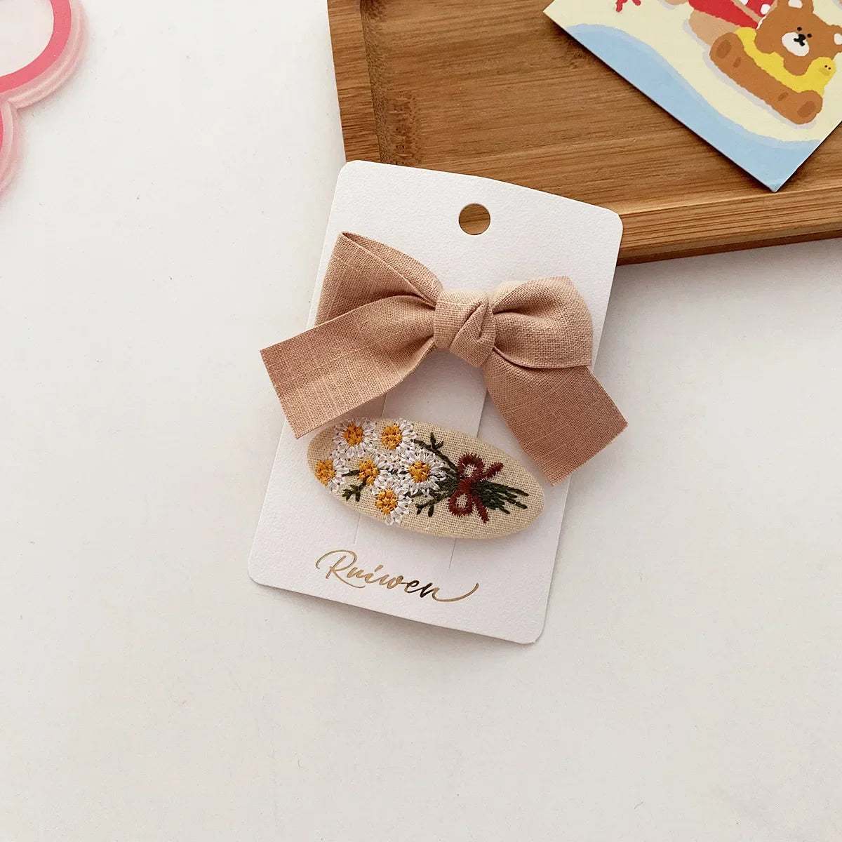 2PCS Sweet Little Girl Bowknot Hair Clips Solid Color Korean Mini Kids Embroidery Barrettes Princess Baby Clamp Hair Accessories