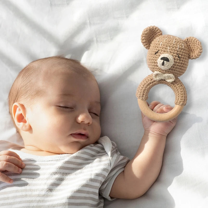 Let's Make Baby Rattles Crochet Bunny Rattle Toy Wood Ring Baby Teether Rodent Baby Gym Mobile Newborn Educational Rattles Toys