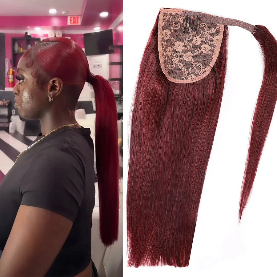 100% Human Hair Ponytail European Straight 120gram Wrap Around Clip In Pony Tail Machine Remy Hair 12-26 Inches For  Salon