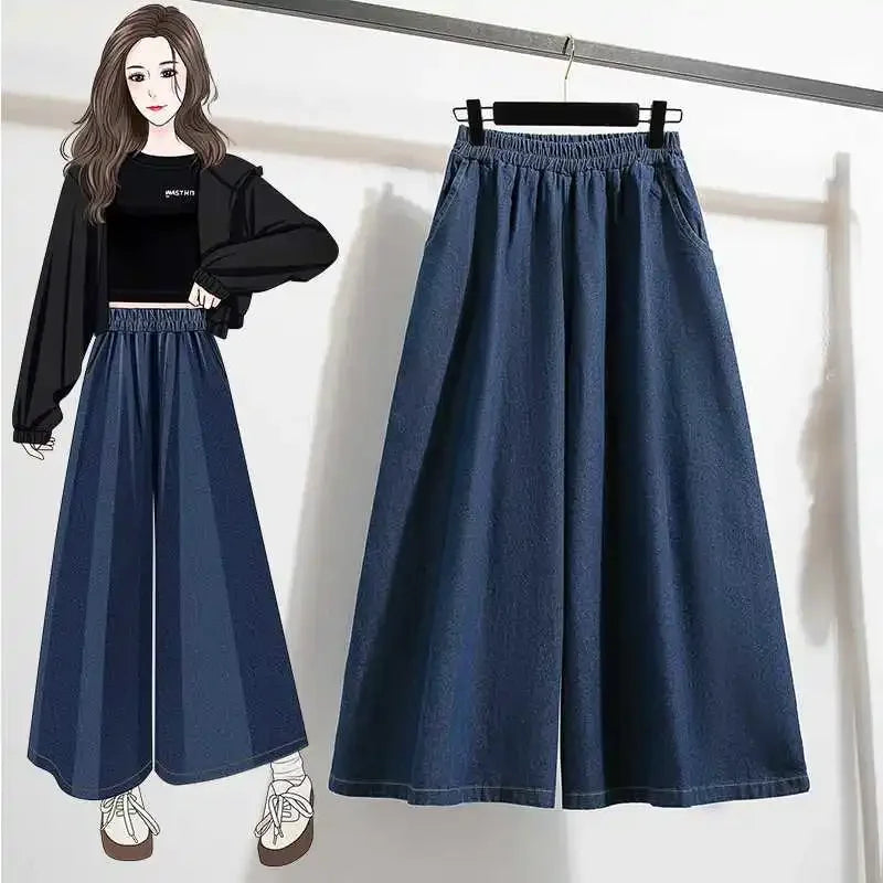 High Waist Wide Leg Jeans Skirt Mid-Length plus Size Women's Autumn Fashion A- Line Nine-Piece Pants Chinese Brand AE Stock