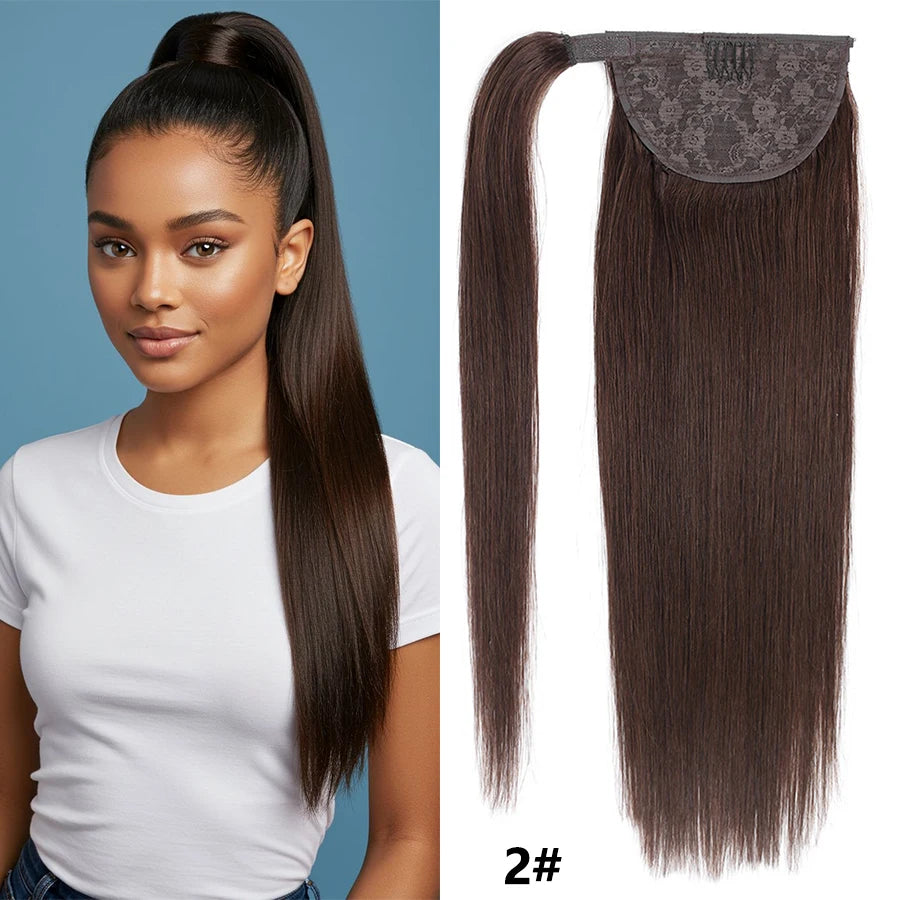 100% Human Hair Ponytail European Straight 120gram Wrap Around Clip In Pony Tail Machine Remy Hair 12-26 Inches For  Salon