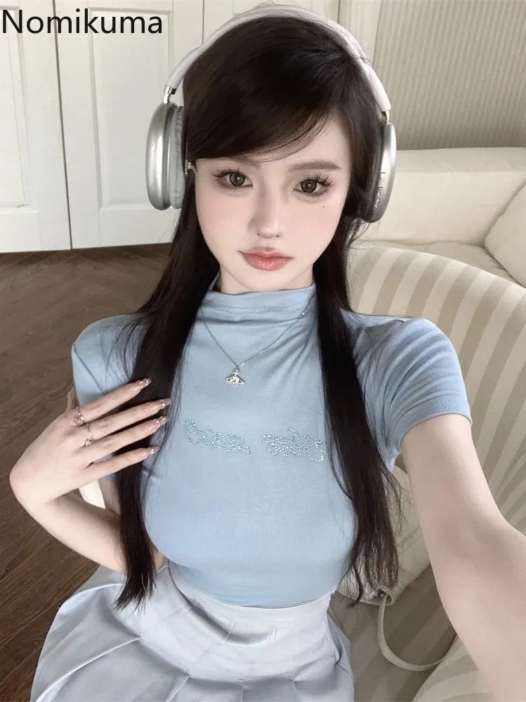 Diamond Y2k Tshirts 2025 Women Clothes High Collar Short Sleeve Summer Tees Fashion Slim Crop Tops Korean T Shirts Ropa Mujer