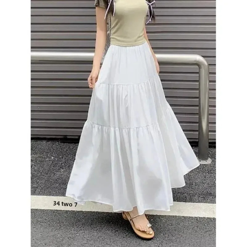 New Women Korean Tiered Maxi Skirt Elastic Waist Casual Solid Color A-line Faldas Mujer Holiday Streetwear Long Black Skirt