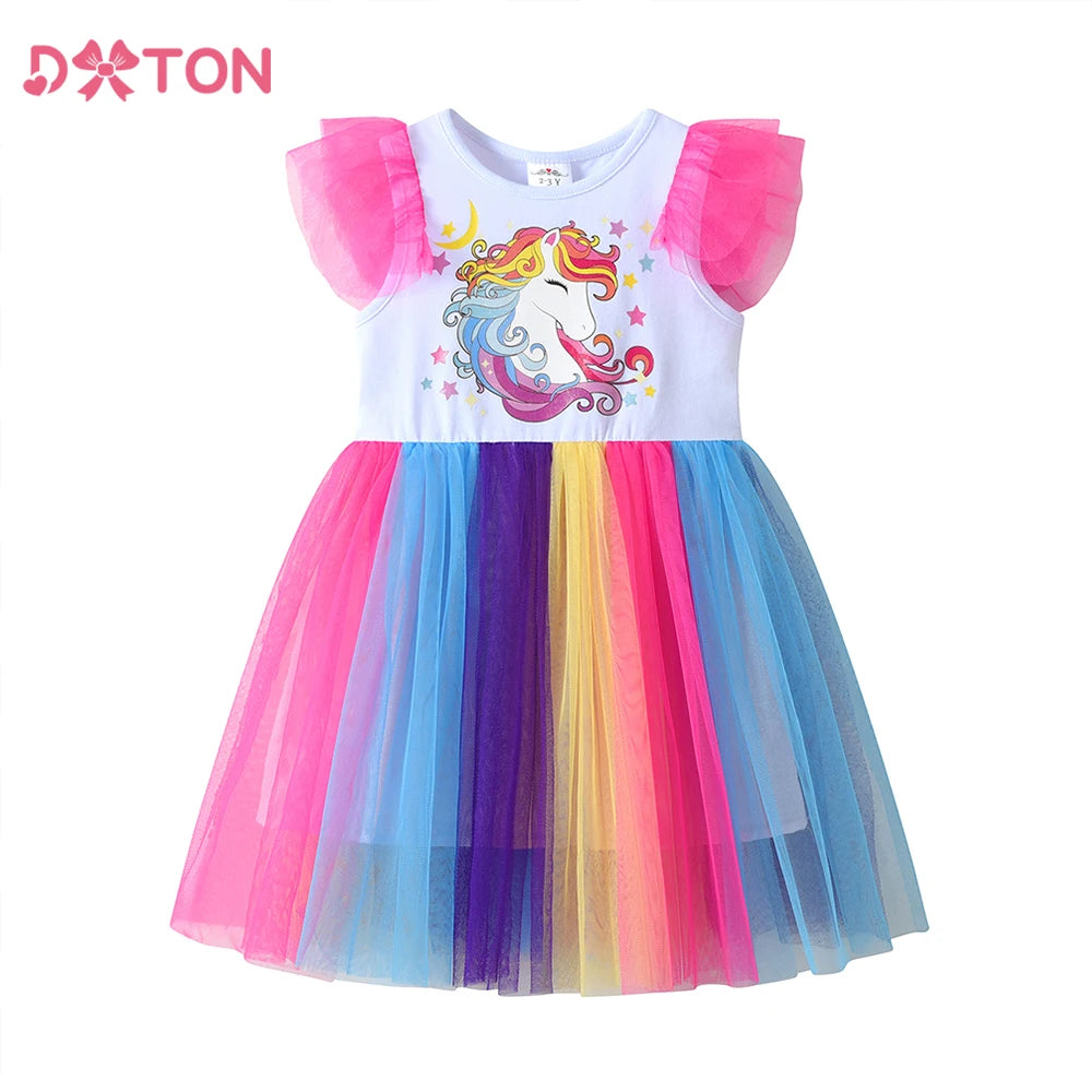 DXTON Sleeveless Summer Girls Dresses Ruffled Kids Princess Tutu Dress Patchwork Color Tulle Children Holiday Party Dress Clothe