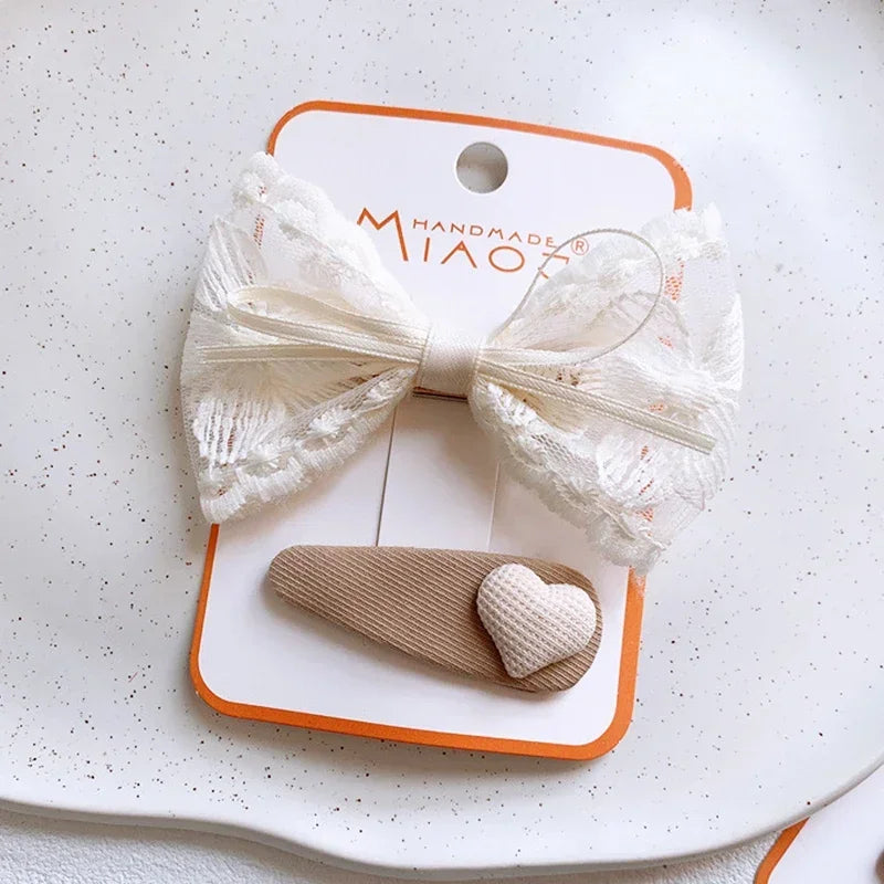 2PCS Sweet Little Girl Bowknot Hair Clips Solid Color Korean Mini Kids Embroidery Barrettes Princess Baby Clamp Hair Accessories