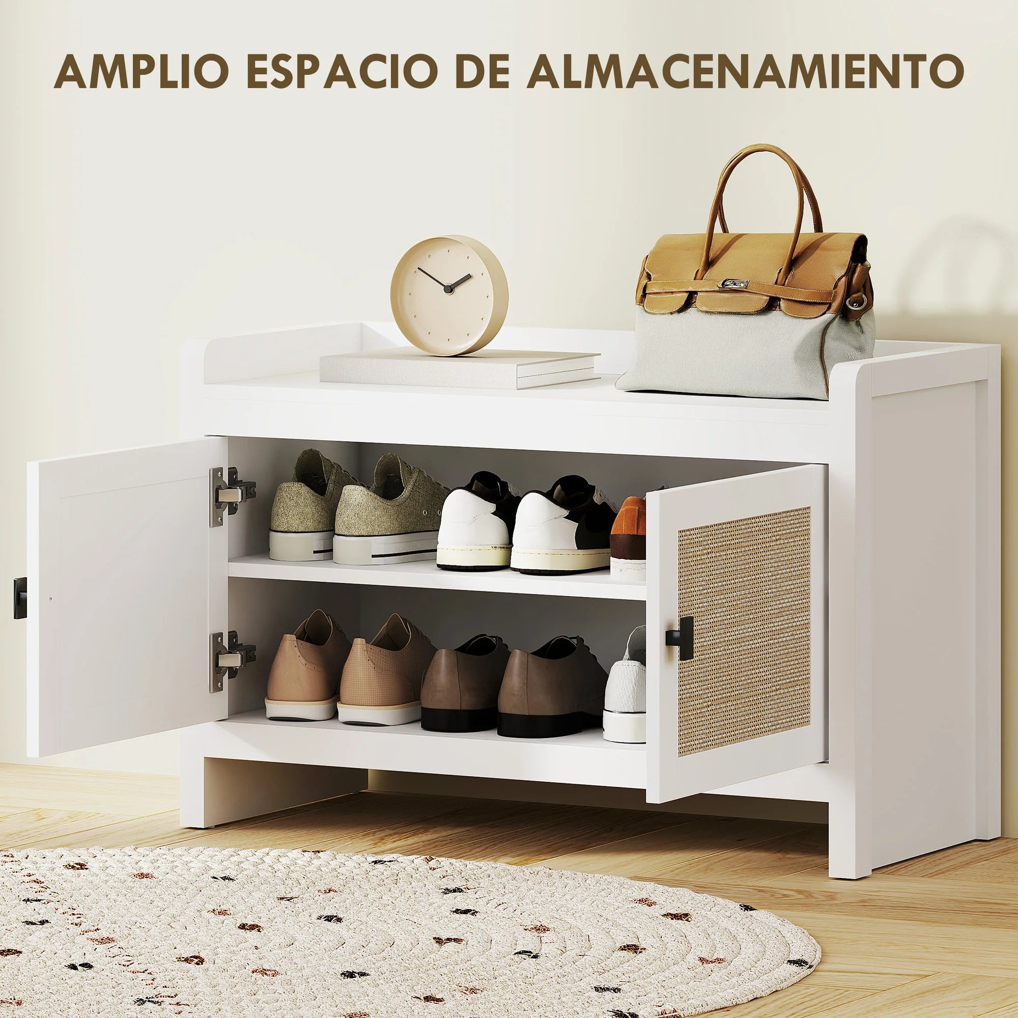 Homcom Shoe Bench with Rattan Front Doors Removable Shelf for Entryway or Bedroom 80X35X52 cm White and Beige