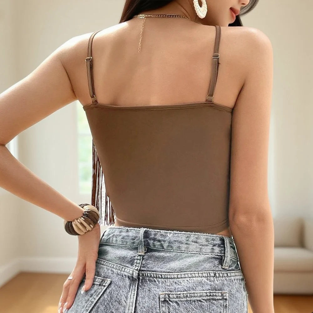 Sexy Tassels Women's Halter Crop Top Women Fashion Sleeveless Short T-shirt Top 2025 Summer Female Chic Street Tees Top