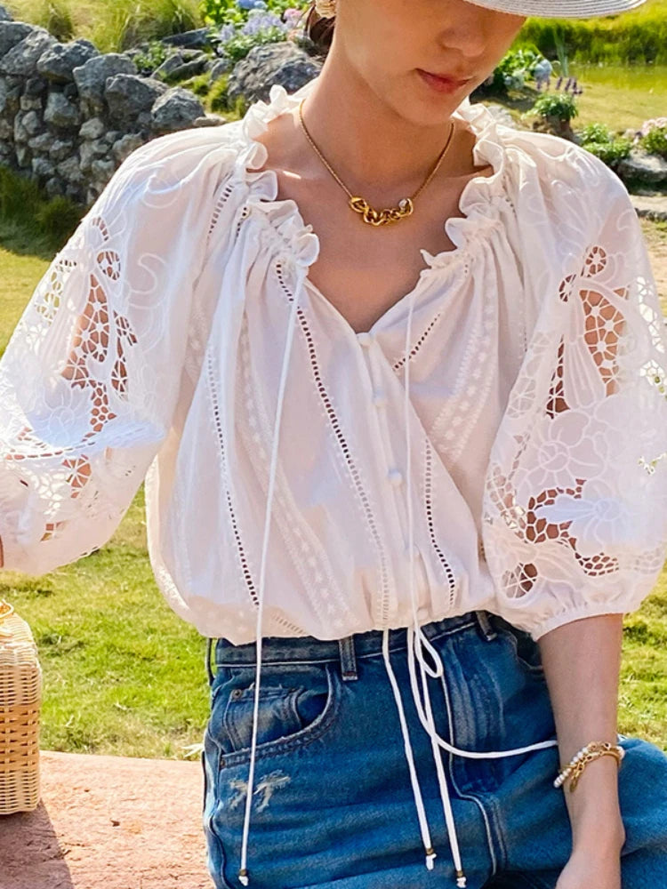 French Vacation Style Embroidered White Blouse & Lace Floral Midi Skirt Women Summer 100% Cotton Hollow-Out Two-Piece Dress Set