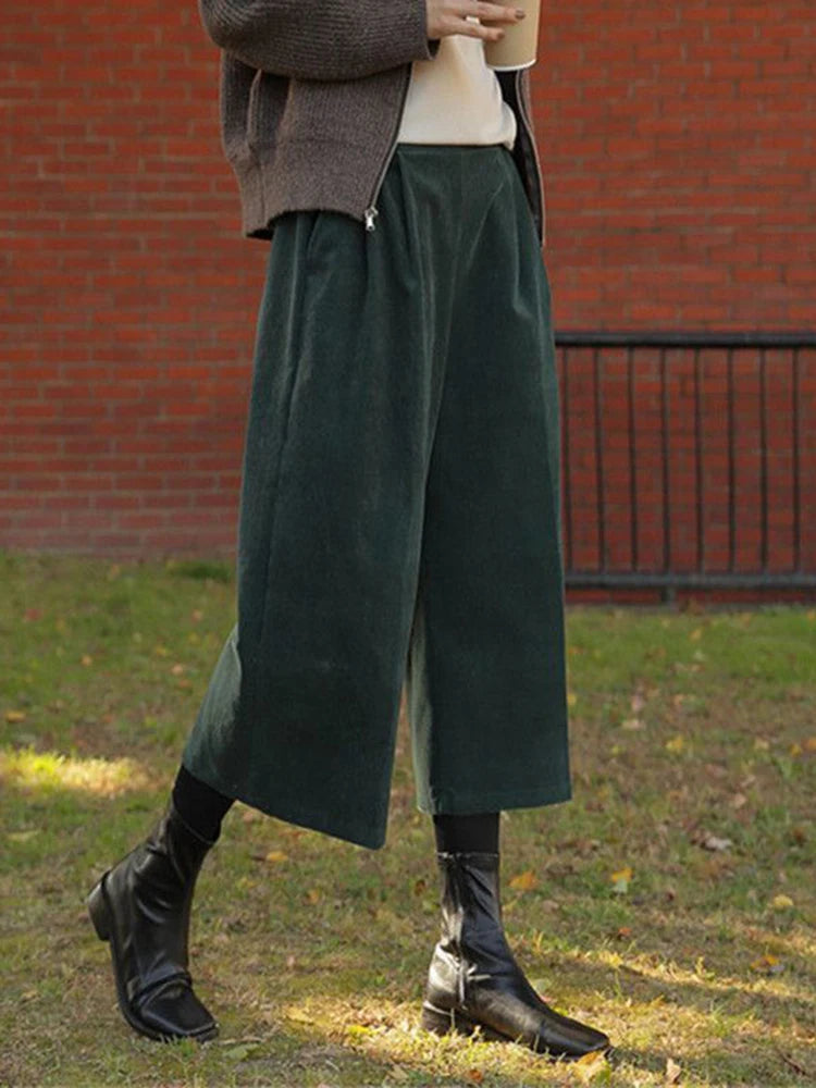 Women Retro Corduroy Calf Length Pants Loose Fall High Waist Vintage Wide Leg Trousers Casual Female Korean Pockets Elegant Pant