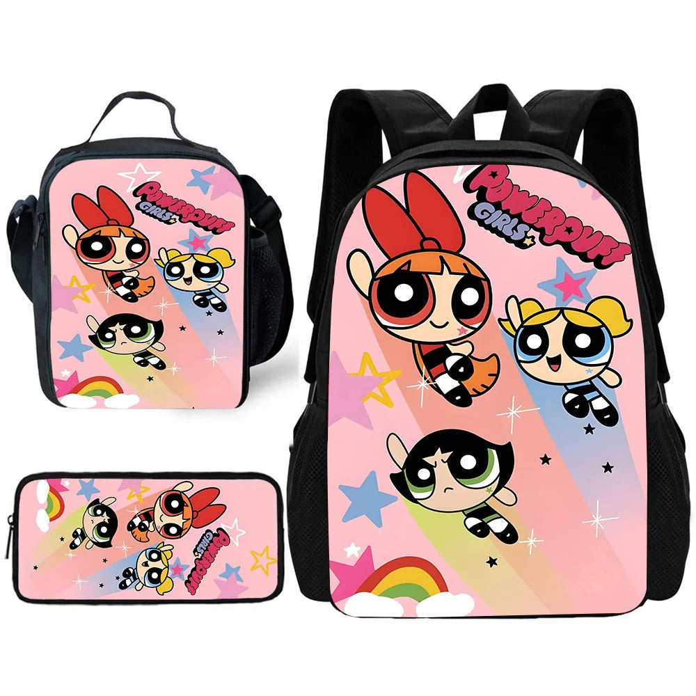 Child Cute Anime Powerpuffs Girlss School Backpack with Lunch Bags ,Pencil Bags ,School Bags for Boys Girls Best Gift