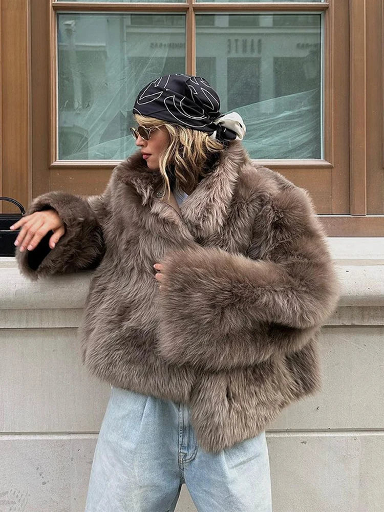 2025 Winter Women's Faux Fur Coats Fashion Stand Collar Short Jackets Warm Long Sleeve High Street Commute Lady Brown Outerwear