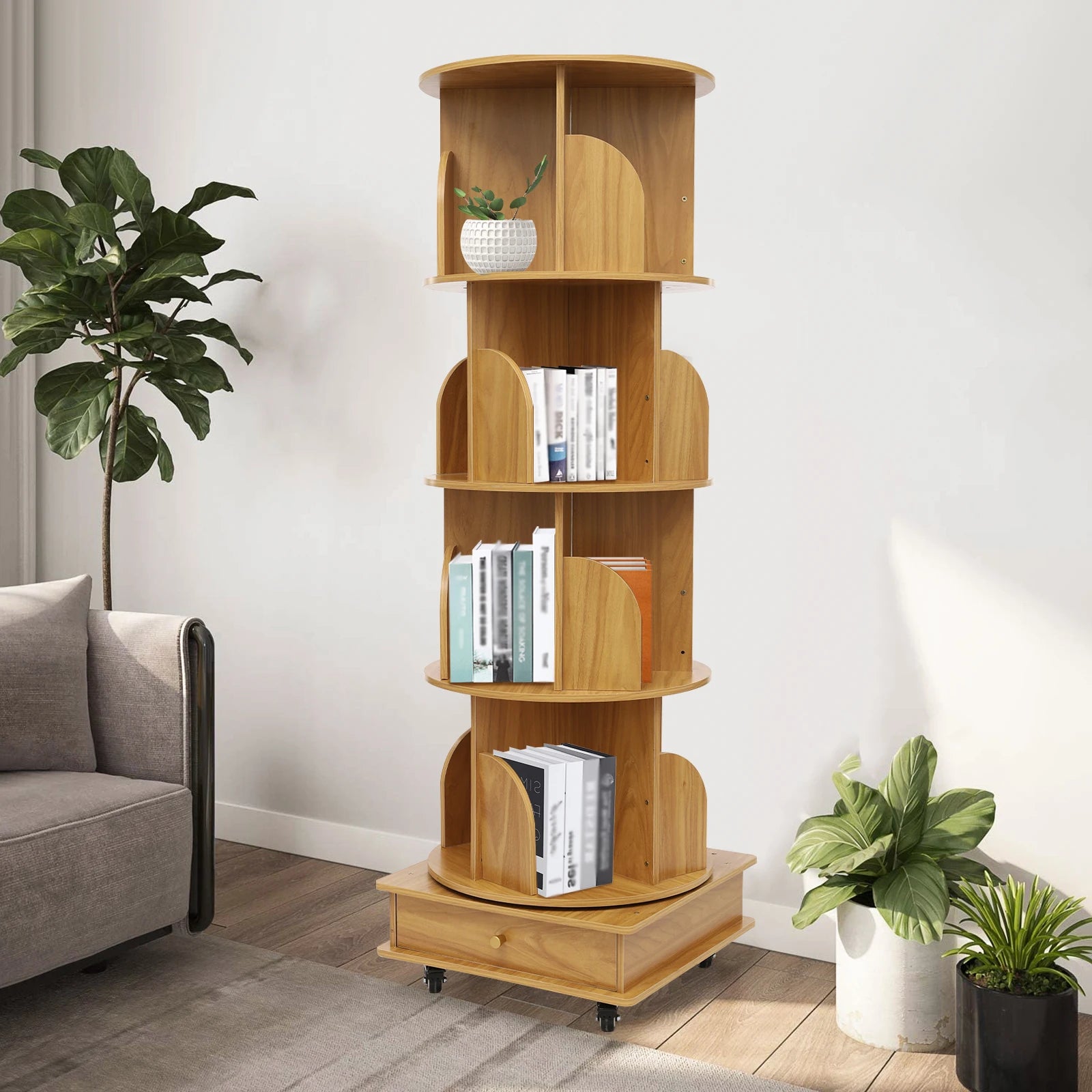 142cm Rotating Solid Wood Bookshelf with Drawer Multi-tier Bookshelf on Wheels 80-100 Books Capacity for Livingroom Balcony