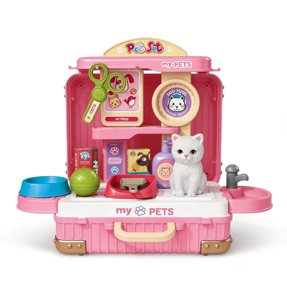 Play House Tools, Children's Pet Care Role-playing Toys, Children's Pet Care Set with Toy Cat and Storage Backpack, Christmas