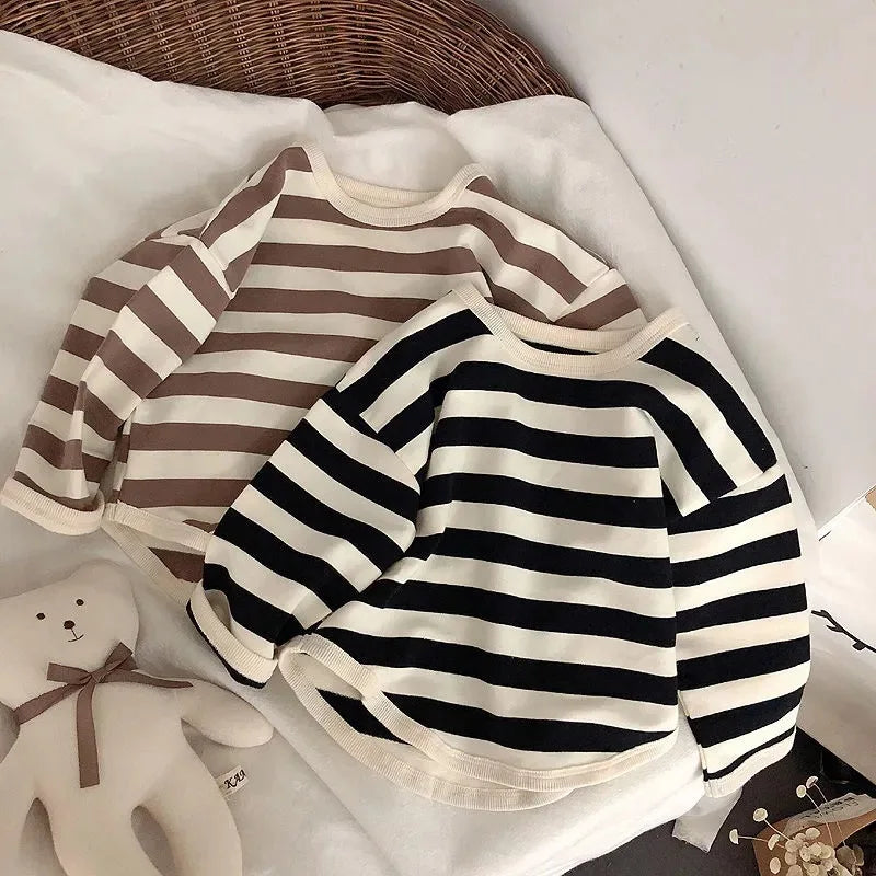 Spring Kids Striped Long Sleeves T-shirt Toddler Girl Loose Bottoming Shirt Boy Baby Casual Tops Fashion Children Cotton Tees
