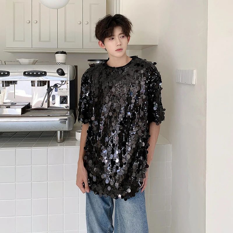 Sequin Short Sleeve T-shirts Men Streetwear Fashion Show Party Clothing Couple Unisex Tshirts Women Summer Tops Tees Shirts