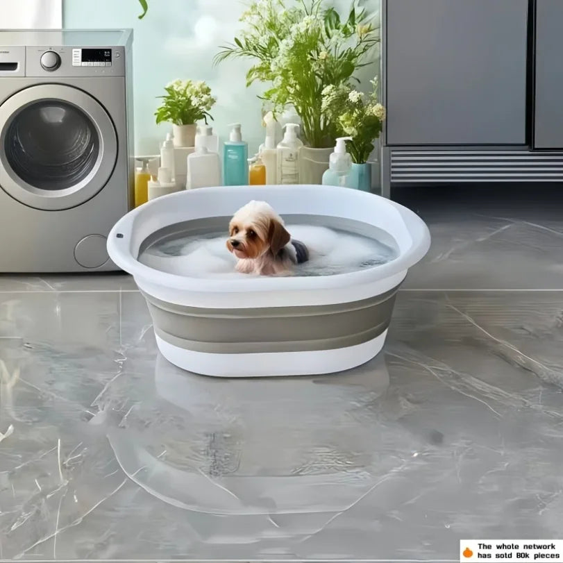 Portable pet folding bathtub + bath brush - Anti-slip, easy to store, gentle care, light beige color, suitable for dogs and cats