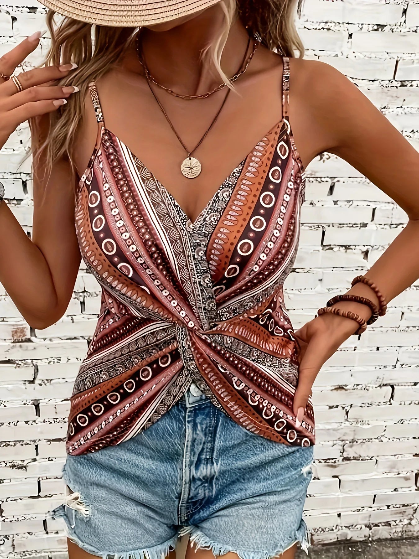 European and American new ethnic retro style spaghetti print chain print knot vest sexy V-neck small suspender top for women