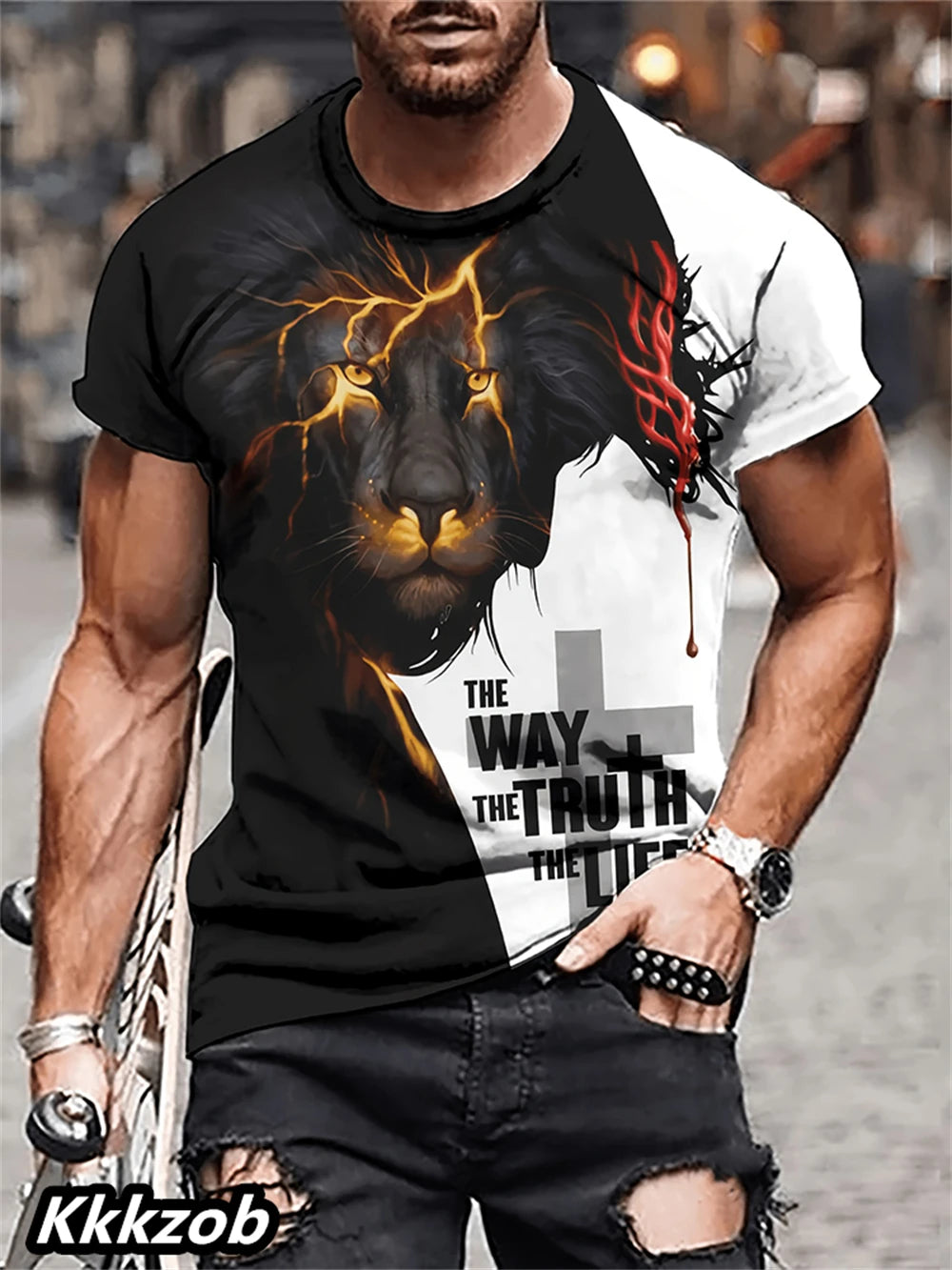 Mens Lion Print Short Sleeve Crew Neck T-Shirt Soft Breathable Casual Wear Outdoor Activities Summer Essential Clothing Tshirts